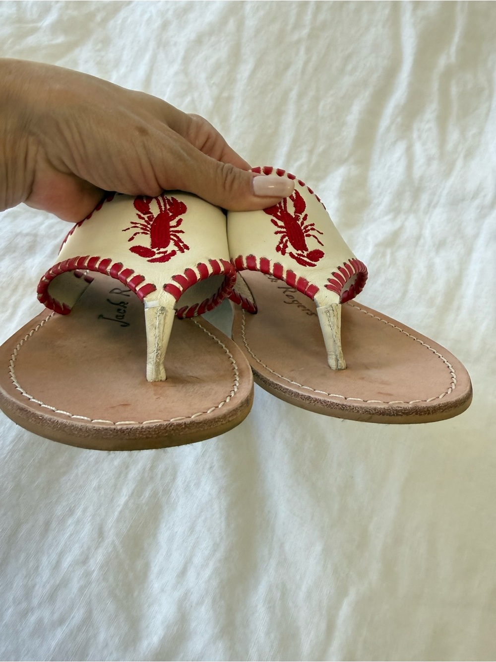 Jack Roger's | Women’s 8 | Ivory Red Leather Lobster Embroidery Thong Sandals - Picture 7 of 8